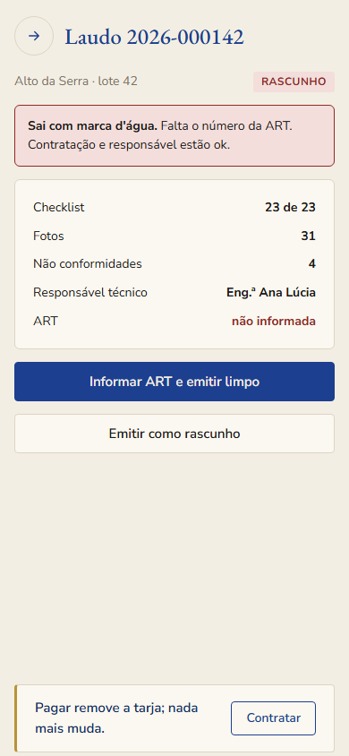 Tela de laudo em rascunho no aplicativo, com itens do checklist