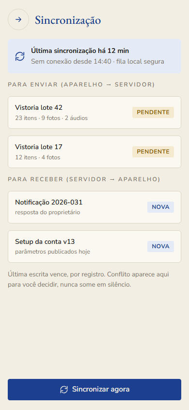 Tela de sincronização do aplicativo mostrando itens pendentes de envio