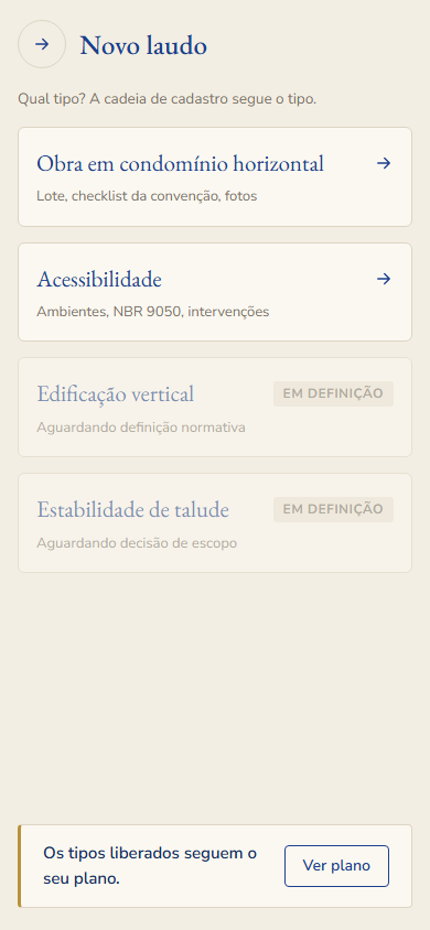 Tela do aplicativo com a escolha do tipo de laudo
