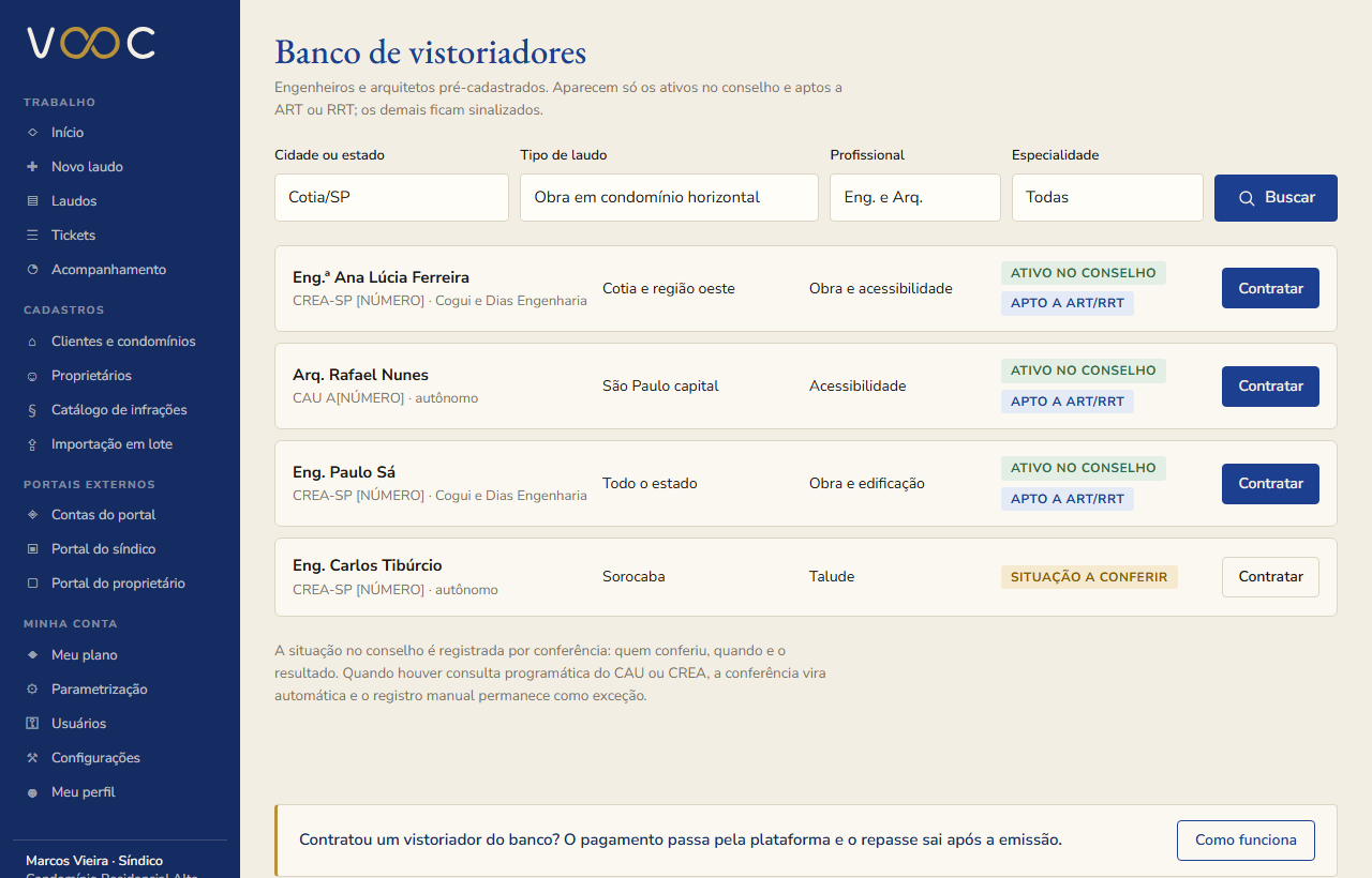 Banco de vistoriadores com filtro por região e tipo de laudo