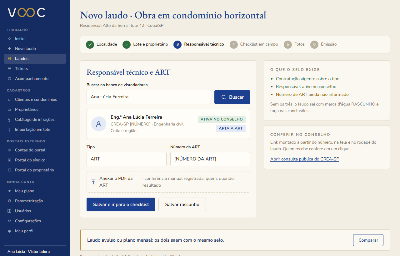 Cadeia de cadastro: condomínio, lote, obra, responsável