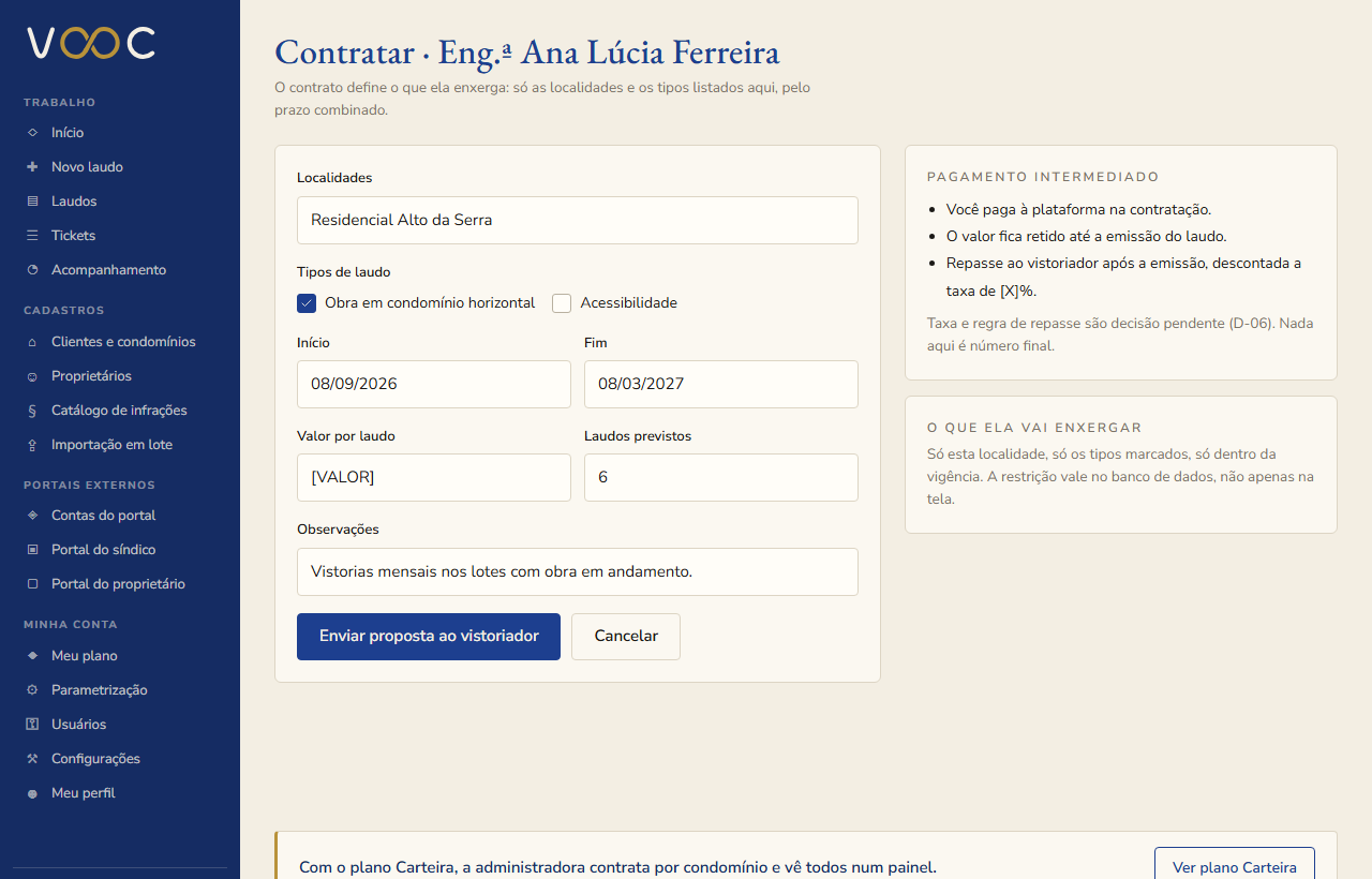 Tela de contratação de vistoriador a partir do banco