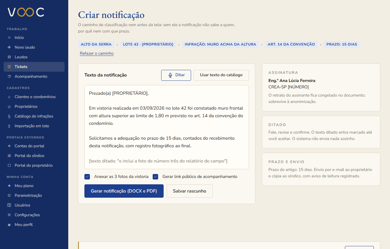 Tela de criação de notificação a partir de uma não conformidade