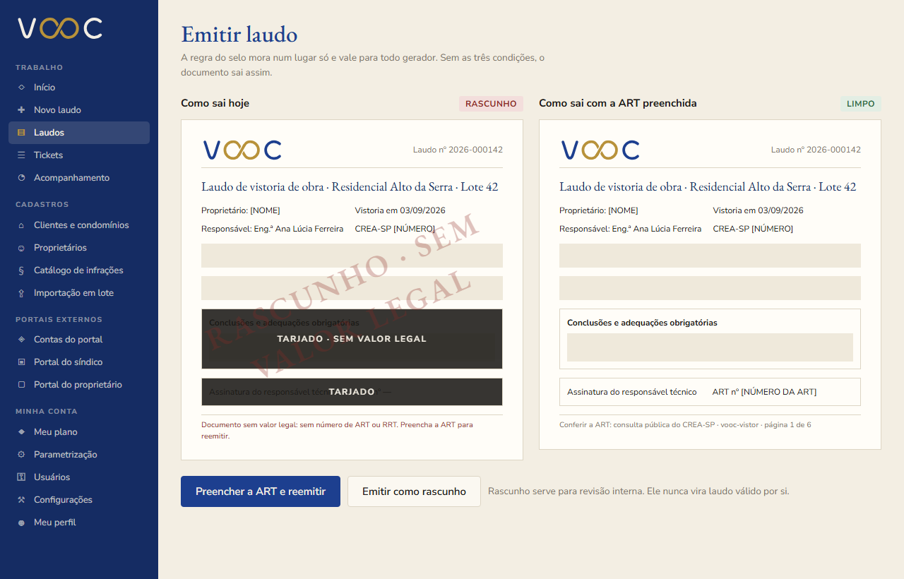 Tela de emissão com conferência da ART e aplicação do selo