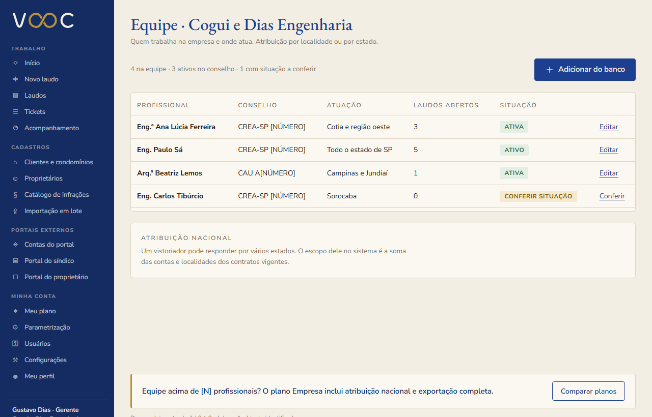 Tela de equipe da empresa de vistoria com atribuição por vistoriador