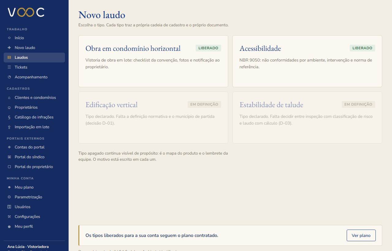 Tela de escolha do tipo de laudo, com os tipos disponíveis e os em preparação